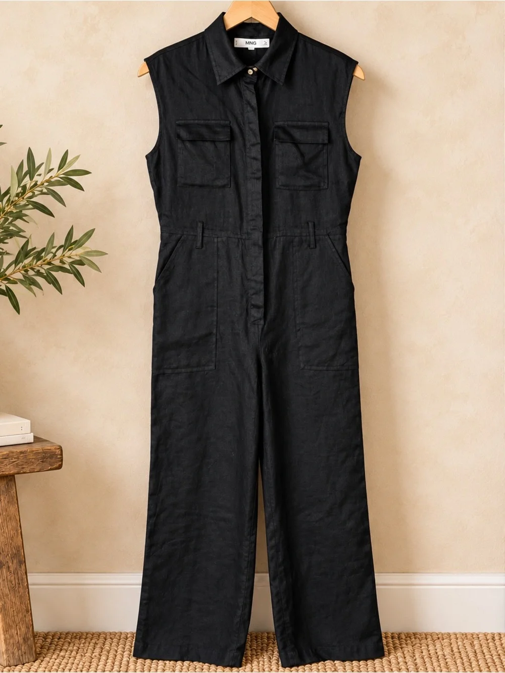 MNG Mango Black Linen Utility Ankle Jumpsuit Relaxed Fit Sleeveless NWT XS